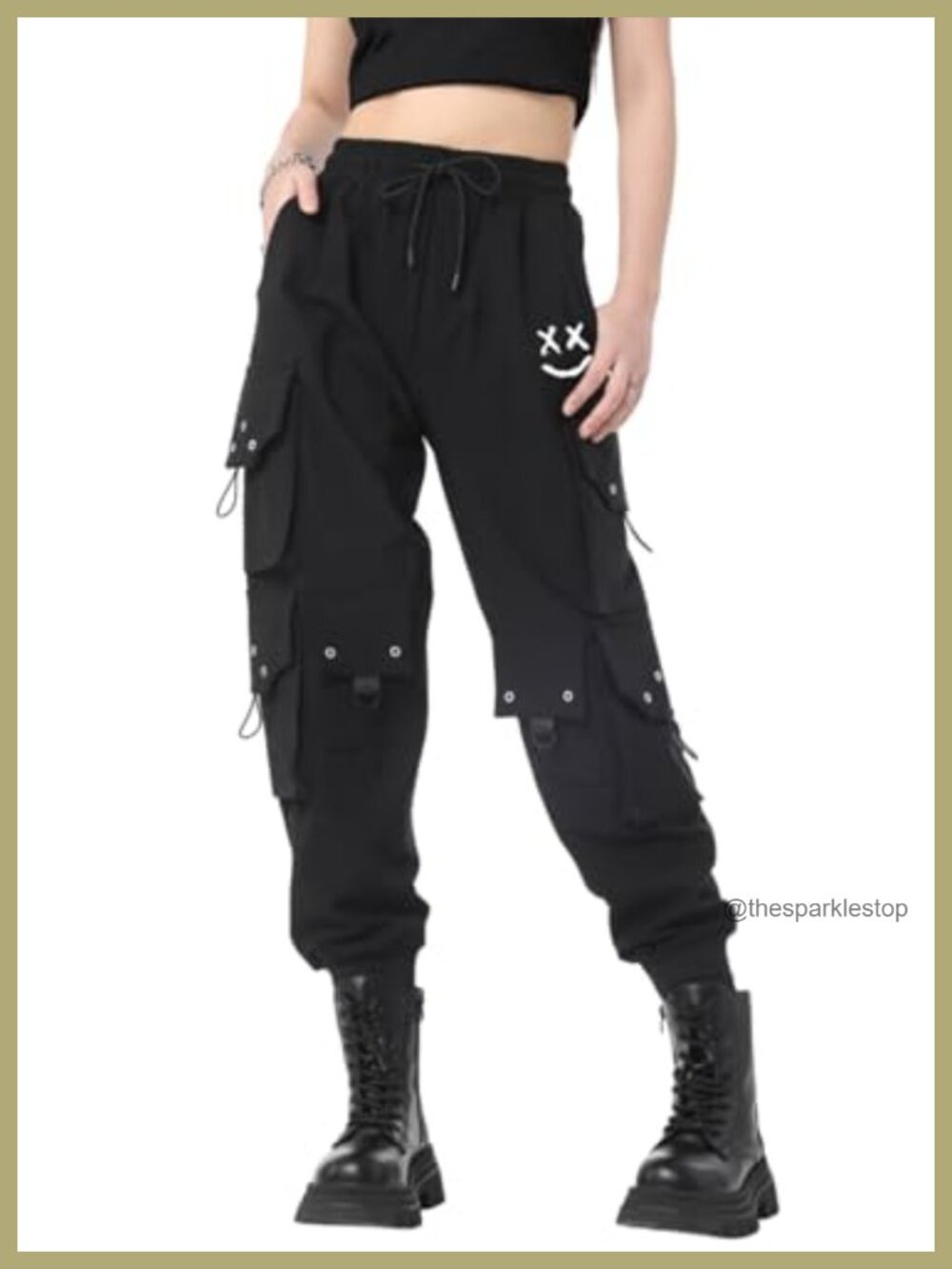 Gothic High Waist Cargo Pants Nylon Spandex Drawstring Streetwear Joggers